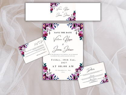 Plum Purple Floral Wedding Invitation, Details, RVSP,  Digital Download MTC410