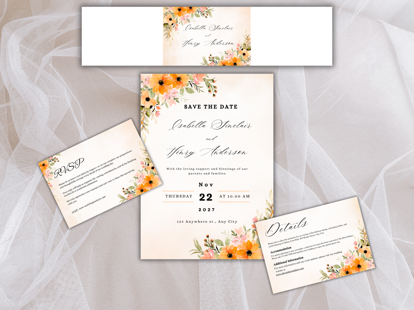 Floral Wedding Invitation, RVSP, Details Template, Instant Download MTC394