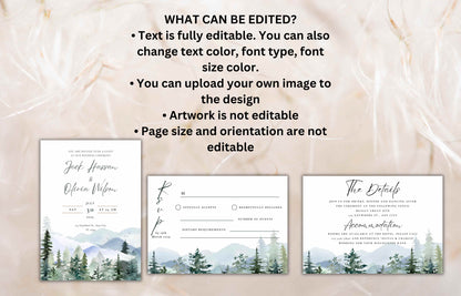 Mountain Wedding Invitation Template Set Pine Tree Wedding Suite, Details Card, Printable RSVP, Outdoor Wedding Invite. WI92