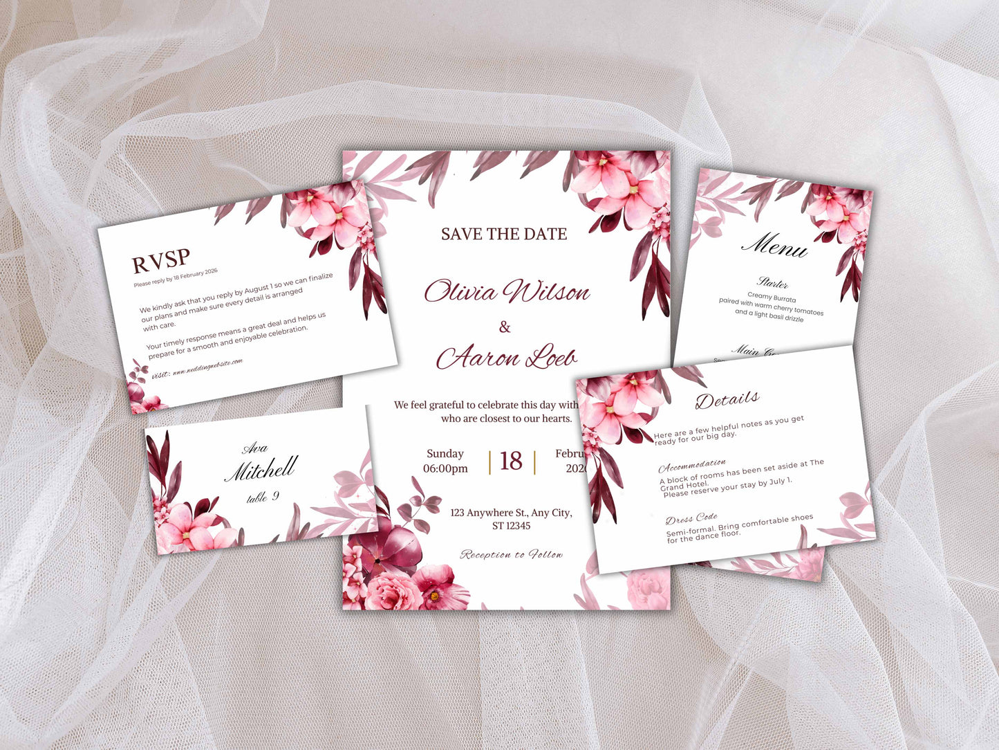 Wedding Invitation Bundle, RSVP, Thank You Card, Table Card, Menu Card, Reception Card, Details Card. WI236