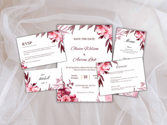 Wedding Invitation Bundle, RSVP, Thank You Card, Table Card, Menu Card, Reception Card, Details Card. WI236