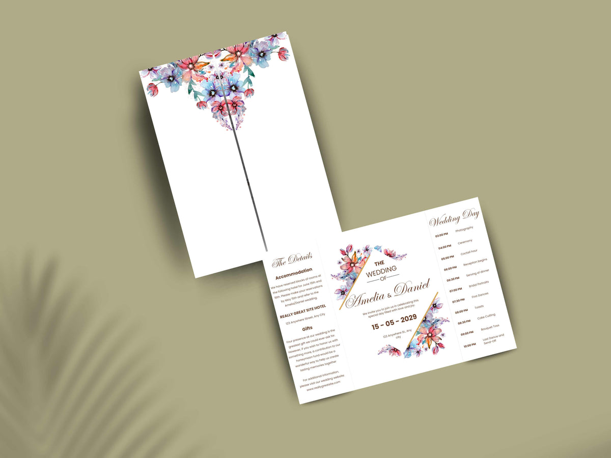 Elegant Floral Wedding Invitation Template | Printable Digital Invite | Modern Wedding Timeline & Details Card. WI167