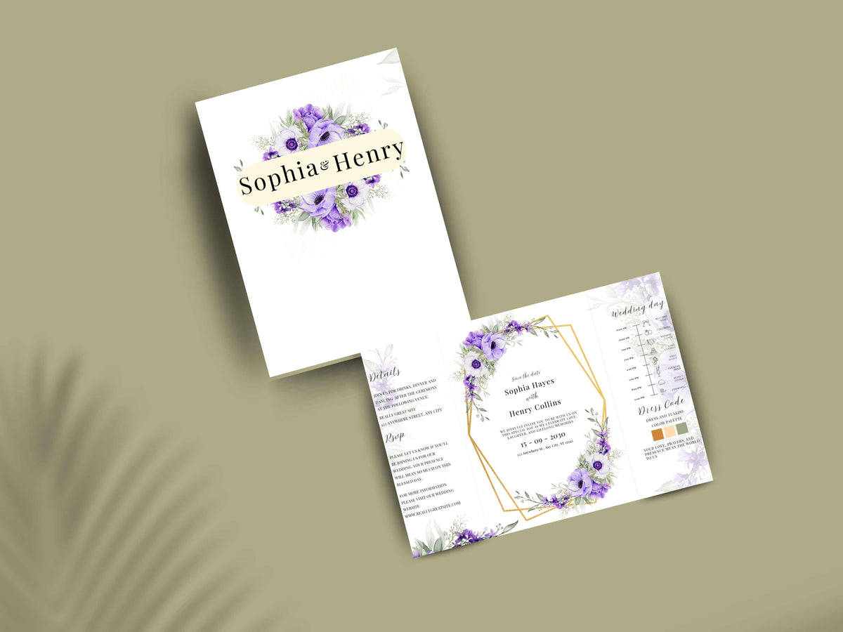 Elegant Purple Floral Wedding Invitation Template | Editable Printable Invite | Save the Date Card | Modern Romantic Wedding. WI168