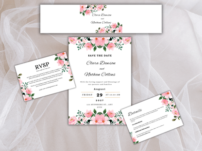 Wedding Invitation, Floral Menu, RSVP, Details Card, Bottle label MTC384