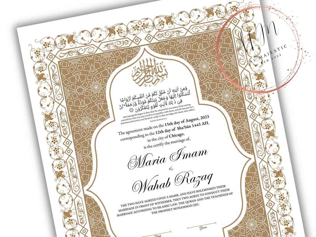 Nikkah Certificate Digital Download Personalized, Luxury Nikkah Contract, Islamic Wedding Contract, Personalized Muslim Wedding Gift. NN188