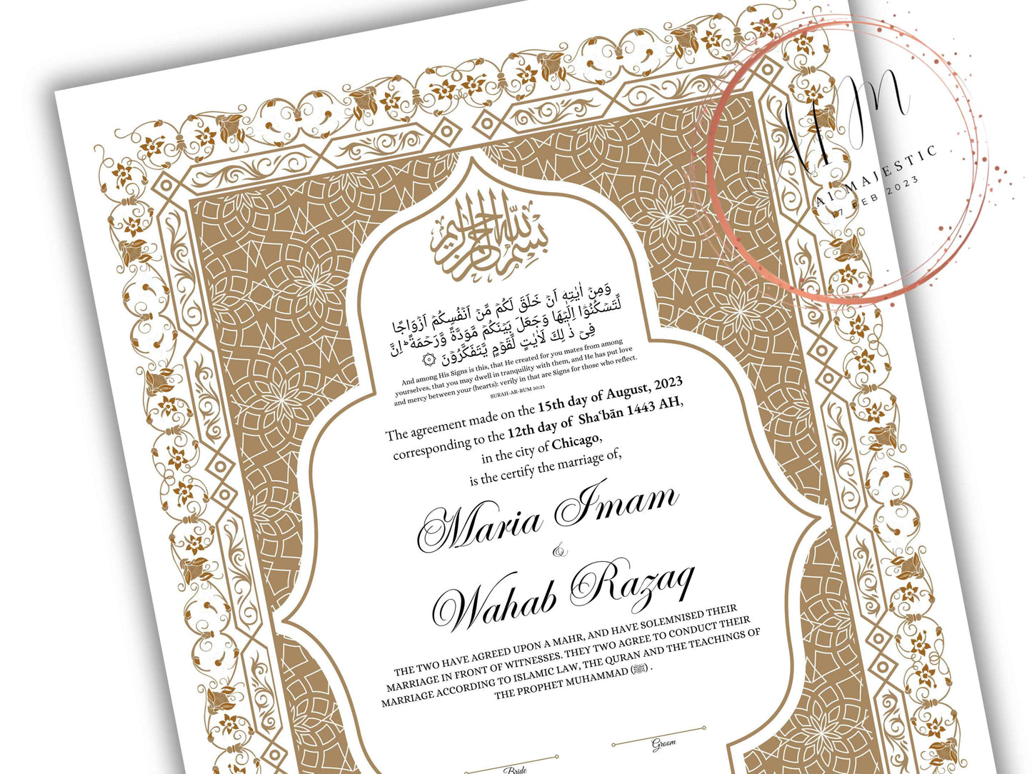 Nikkah Certificate Digital Download Personalized, Luxury Nikkah Contract, Islamic Wedding Contract, Personalized Muslim Wedding Gift. NN188