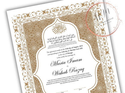 Nikkah Certificate Digital Download Personalized, Luxury Nikkah Contract, Islamic Wedding Contract, Personalized Muslim Wedding Gift. NN188