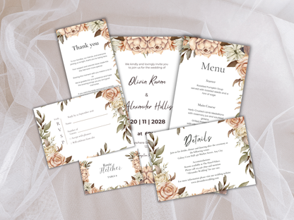 Wedding Invitation Bundle, RSVP, Thank You Card, Table Card, Menu Card, Reception Card,  Details Card. WI220
