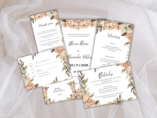 Wedding Invitation Bundle, RSVP, Thank You Card, Table Card, Menu Card, Reception Card,  Details Card. WI220