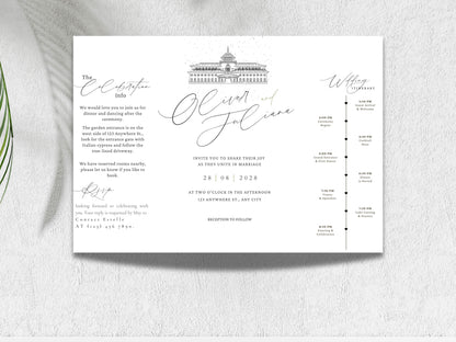 Elegant Gatefold Wedding Invitation | Modern Black & White Folded Invite | Printable Wedding Suite | RSVP and Itinerary Template. WI135