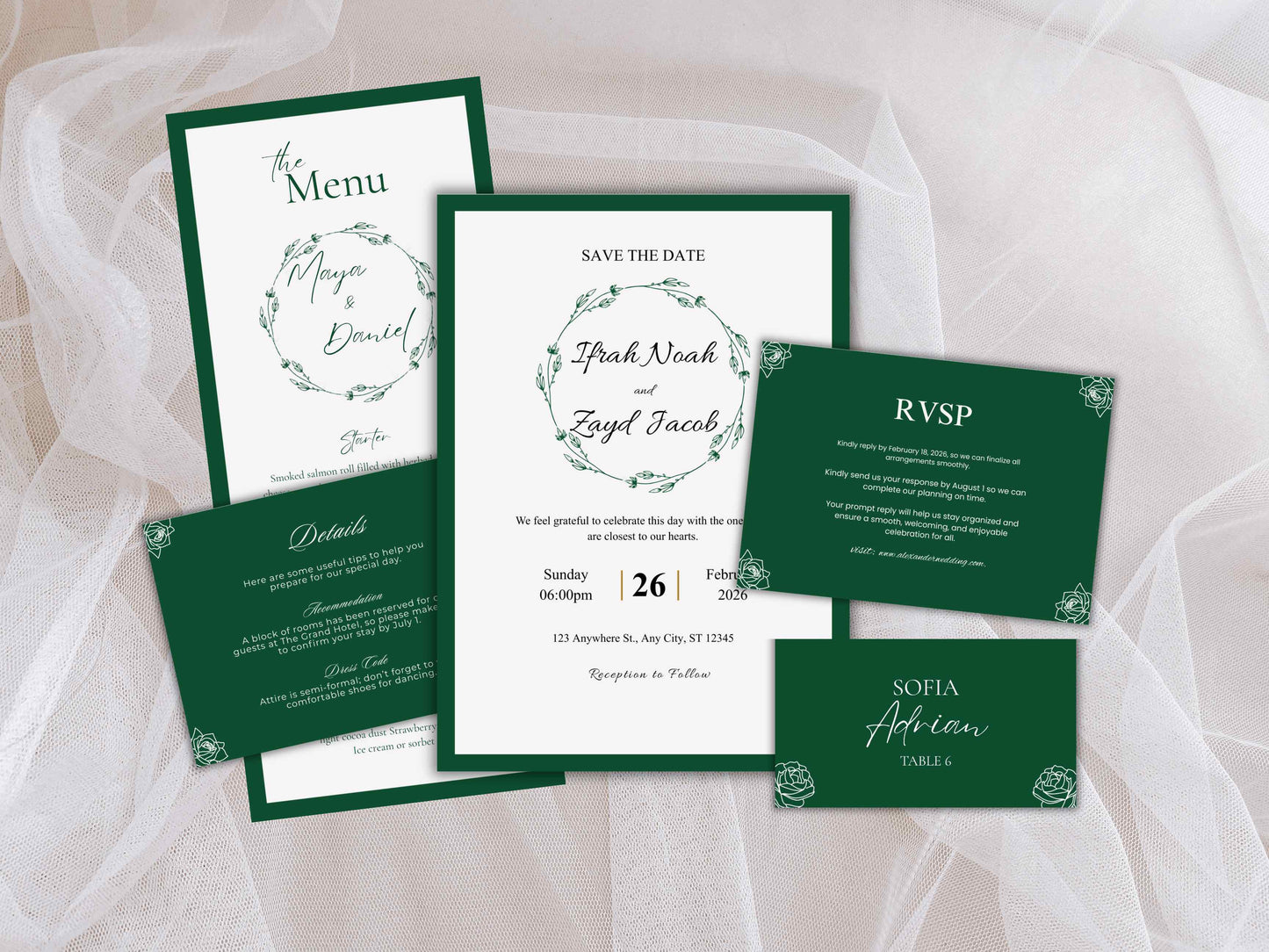 Wedding Invitation Bundle, RSVP, Thank You Card, Table Card, Menu Card, Reception Card, Details Card. WI254