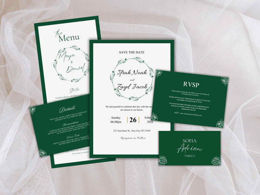 Wedding Invitation Bundle, RSVP, Thank You Card, Table Card, Menu Card, Reception Card, Details Card. WI254