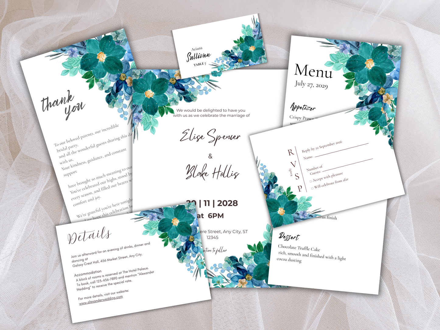 Wedding Invitation Bundle, RSVP, Thank You Card, Table Card, Menu Card, Reception Card, Details Card. WI222