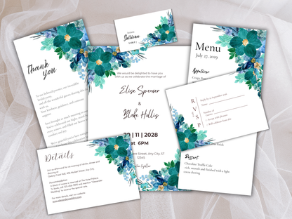 Wedding Invitation Bundle, RSVP, Thank You Card, Table Card, Menu Card, Reception Card, Details Card. WI222