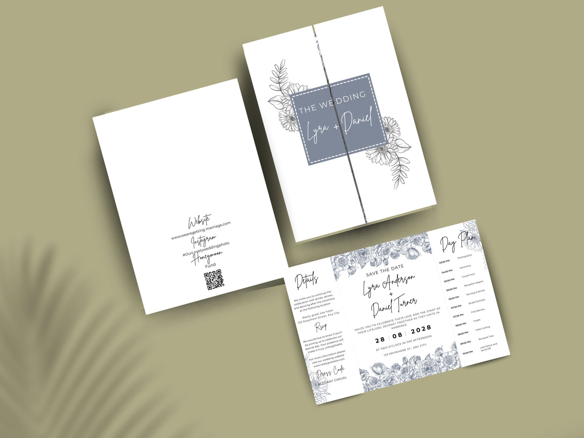 Gatefold Wedding Invitation Template | Minimalist Floral Wedding Invite | Modern Save the Date Template | Printable Wedding Suite. WI186