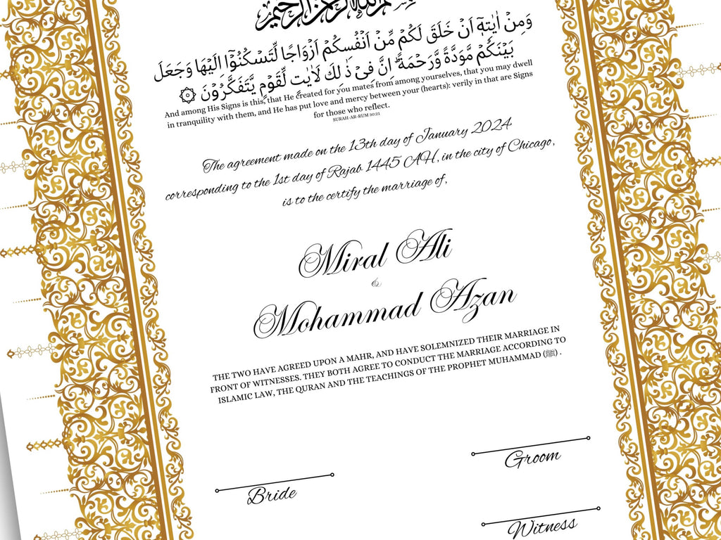Gold Nikkah Certificate, A4/A3 Islamic Wedding Contract Template, Nikkah Nama, Muslim Marriage, Personalised Names, Quran Verse.NN201