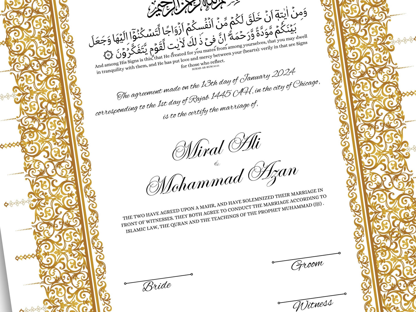 Gold Nikkah Certificate, A4/A3 Islamic Wedding Contract Template, Nikkah Nama, Muslim Marriage, Personalised Names, Quran Verse.NN201