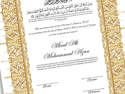 Gold Nikkah Certificate, A4/A3 Islamic Wedding Contract Template, Nikkah Nama, Muslim Marriage, Personalised Names, Quran Verse.NN201