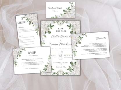 Wedding Invitation Bundle, RSVP, Thank You Card, Table Card, Menu Card, Reception Card, Details Card. WI244