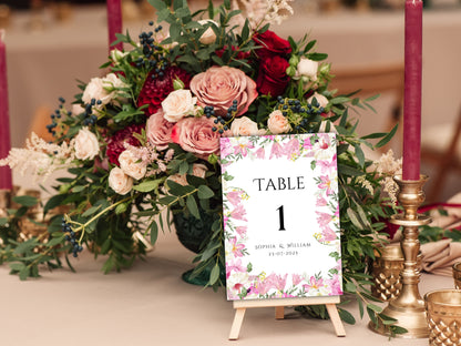 Wedding Table Numbers Template, Wedding Table Numbers, Pink Flower, Floral Wreath, Printable Table Numbers, Wedding Seating Chart. TS1