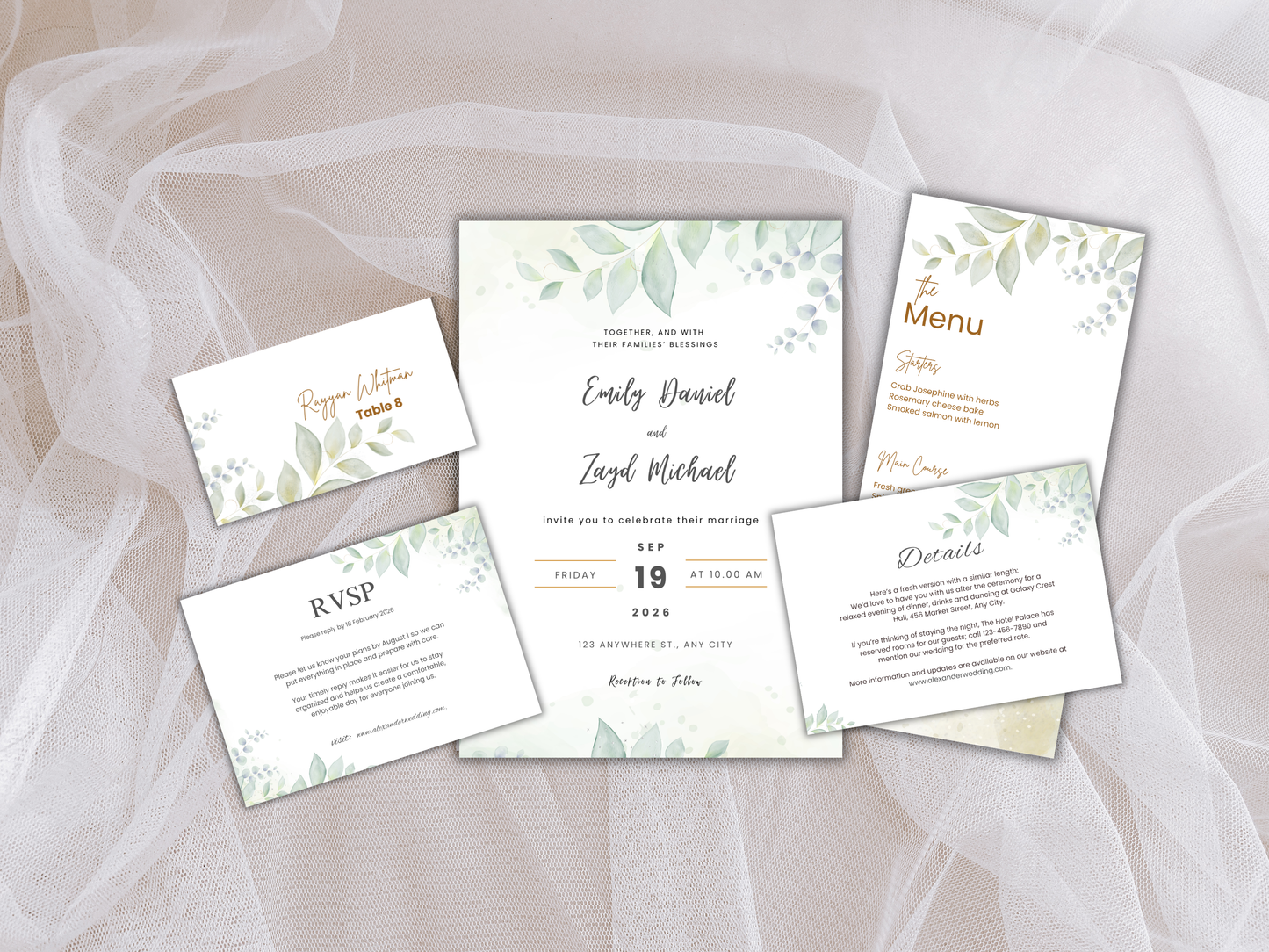 Wedding Invitation Bundle, RSVP, Thank You Card, Table Card, Menu Card, Reception Card, Details Card. WI240