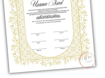 Gold Nikkah Contract Template, Gold Islamic Marriage, Contract Nikkah Certificate, Gold Nikahnama, Personalised Names, A4, A3. NN208