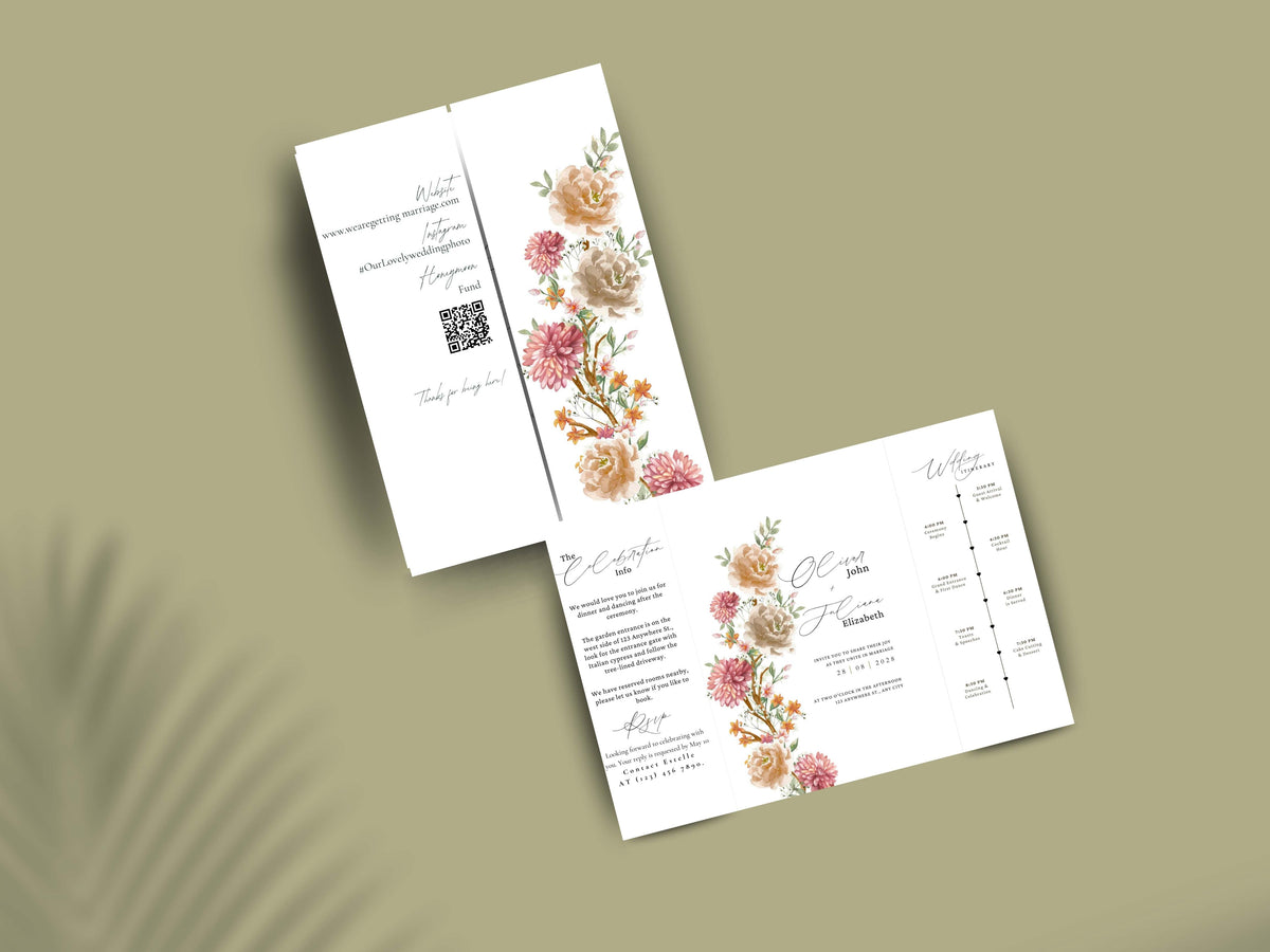 Gatefold Wedding Invitation Template with Itinerary | Floral Boho Wedding Invite | RSVP & Timeline Card | Printable Digital Download. WI165