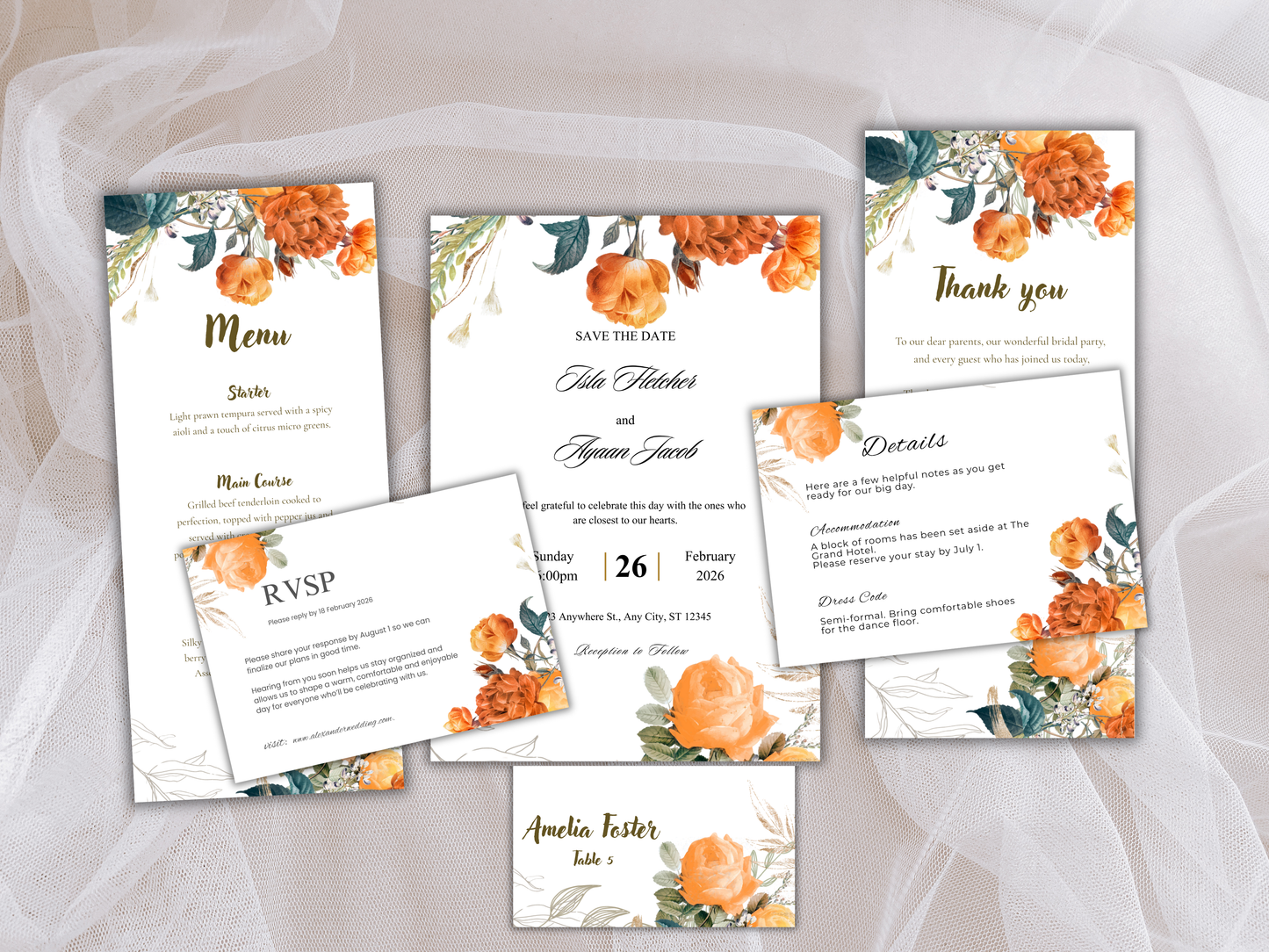 Wedding Invitation Bundle, RSVP, Thank You Card, Table Card, Menu Card, Reception Card, Details Card. WI250