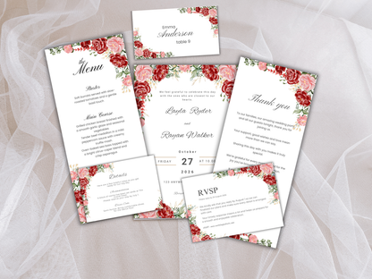 Wedding Invitation Bundle, RSVP, Thank You Card, Table Card, Menu Card, Reception Card, Details Card. WI232