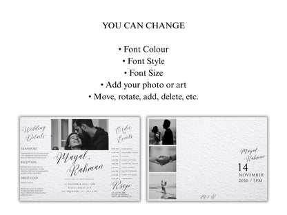 Gatefold Wedding Invitation Template | Elegant Black & White Folded Invite with RSVP Timeline | Printable Wedding Card with Photo. WEIB122