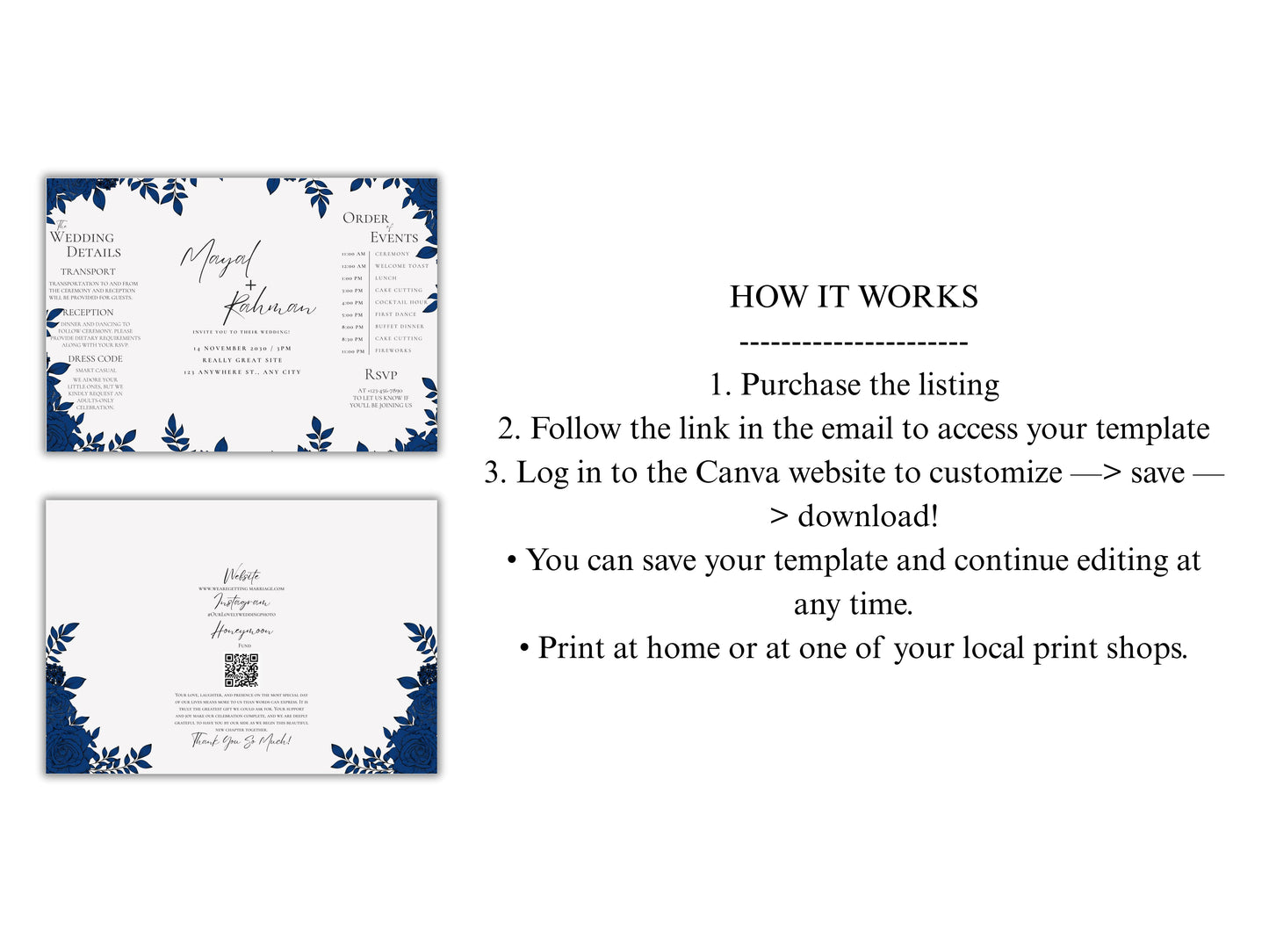 Elegant Gatefold Wedding Invitation | Blue Floral Printable Invite | Modern Ceremony Reception Card | Editable Template. WI133