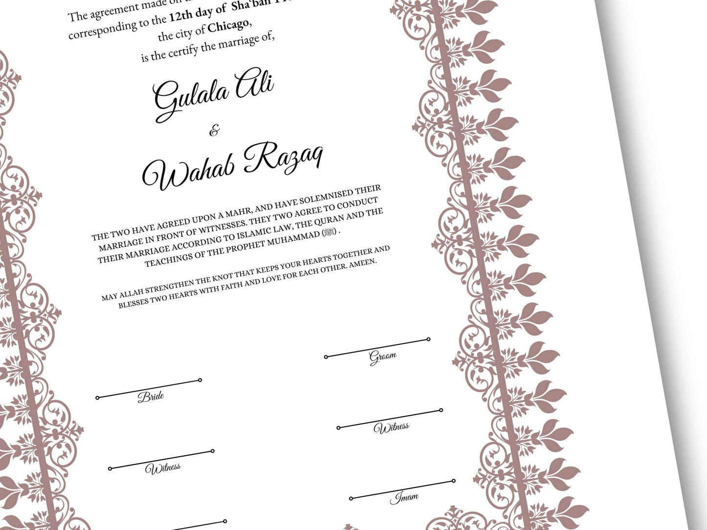 A4 / A3 Nikkah Contract Template, Islamic Wedding Certificate, Nikkahnama Digital Customized. NN159