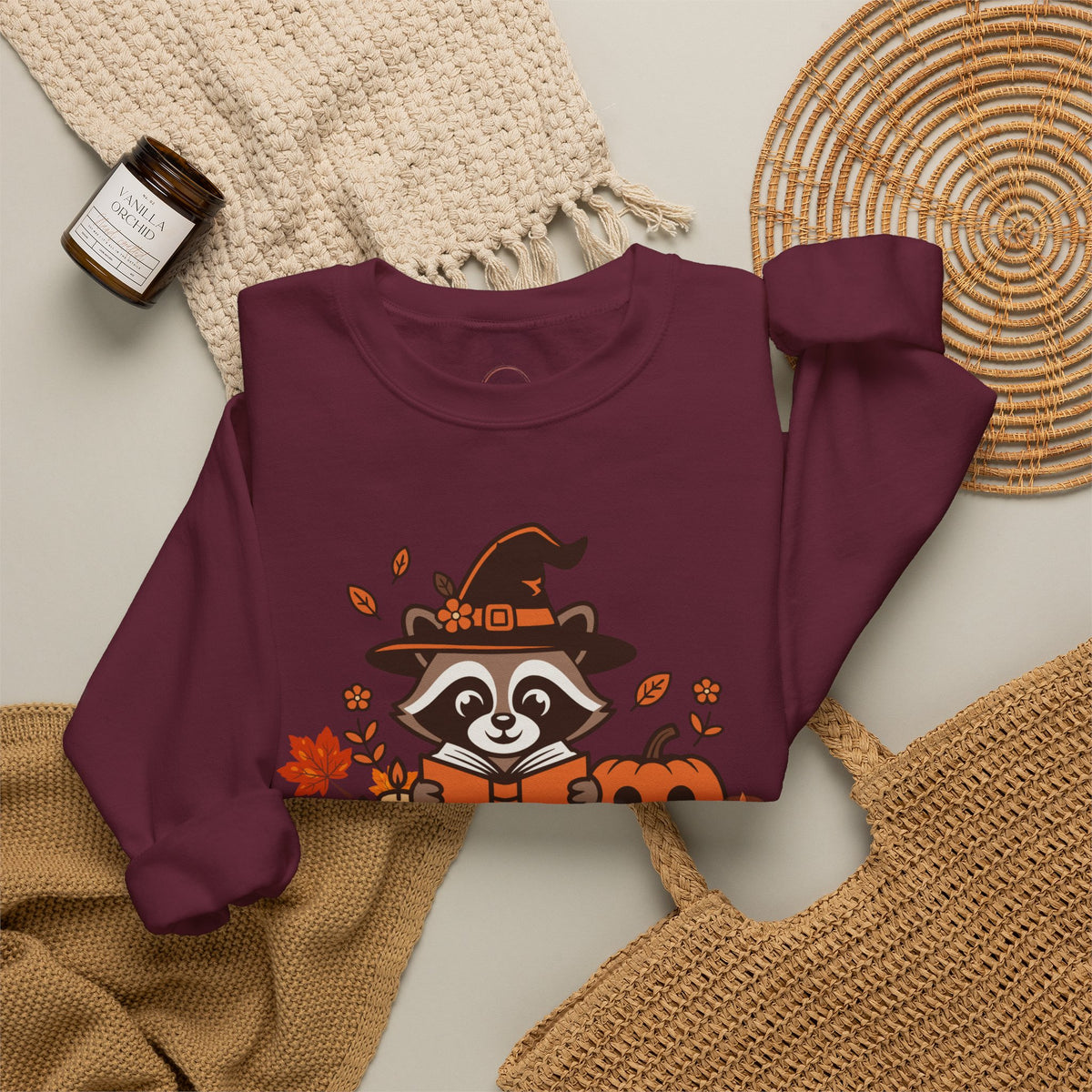 Halloween Raccoon Witch Sweatshirt – Cute Pumpkin & Spooky Book Crewneck
