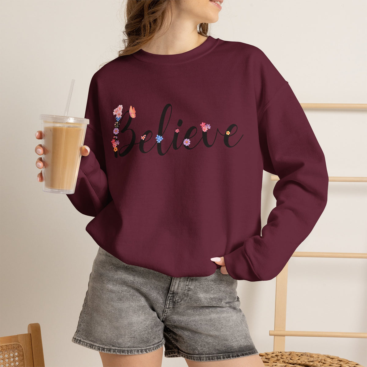 Believe Floral Crewneck Sweatshirt — Inspirational White Pullover