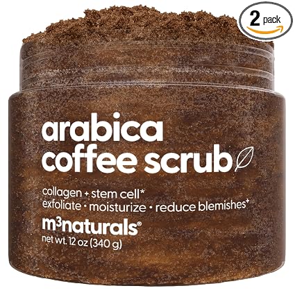 Arabica Coffee Scrub for Hands, Feet, and Body, Exfoliating Scrub with Collagen and Stem Cells, Face Cleanser for Cellulite, Fine Lines, and Stretch Marks, 12oz (1 Pack) by M3