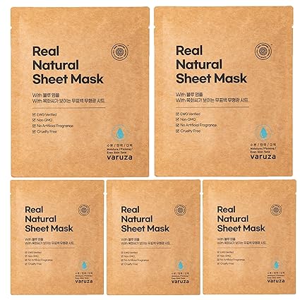 varuza] Real Natural Sheet Mask – EWG VERIFIED, Vegan Face Mask for Hydration, Non-GMO, No Artificial Fragrance, Made in Korea (5 PACK, BLUE AMPOULE)