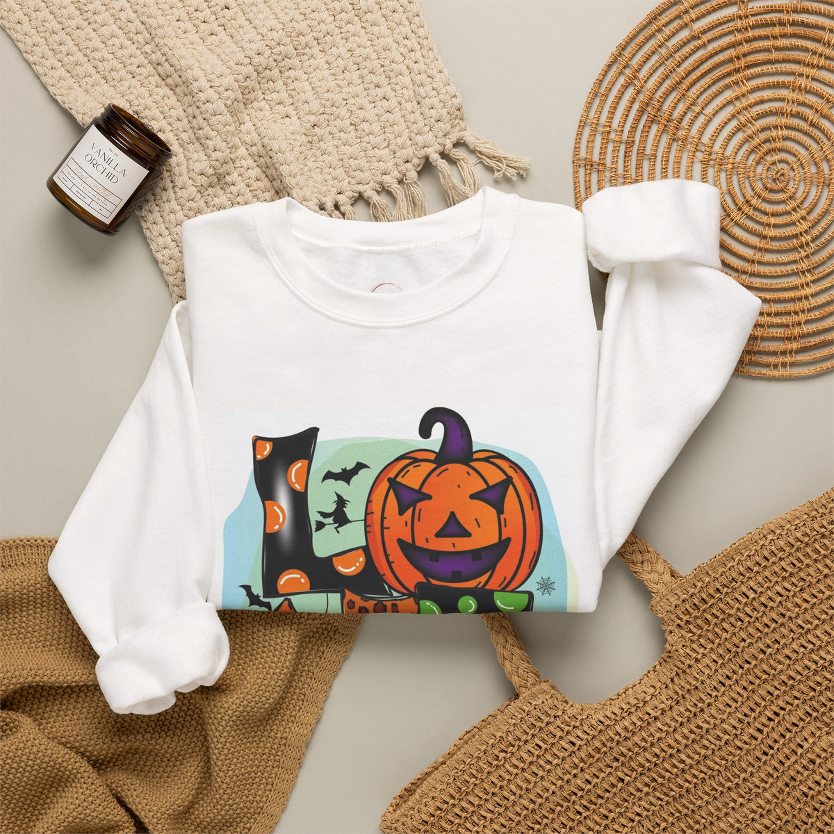 Halloween LOVE Crewneck Sweatshirt — Jack-O'-Lantern & Leopard Print Graphic