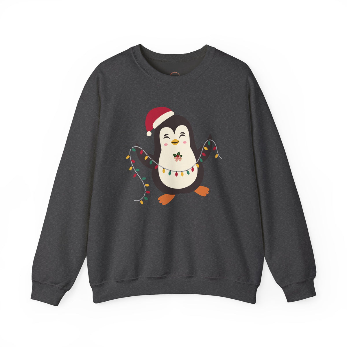 A dark gray crewneck sweatshirt featuring a cartoon penguin wearing a red Santa hat and colorful Christmas lights on the front, displayed against a solid white background.