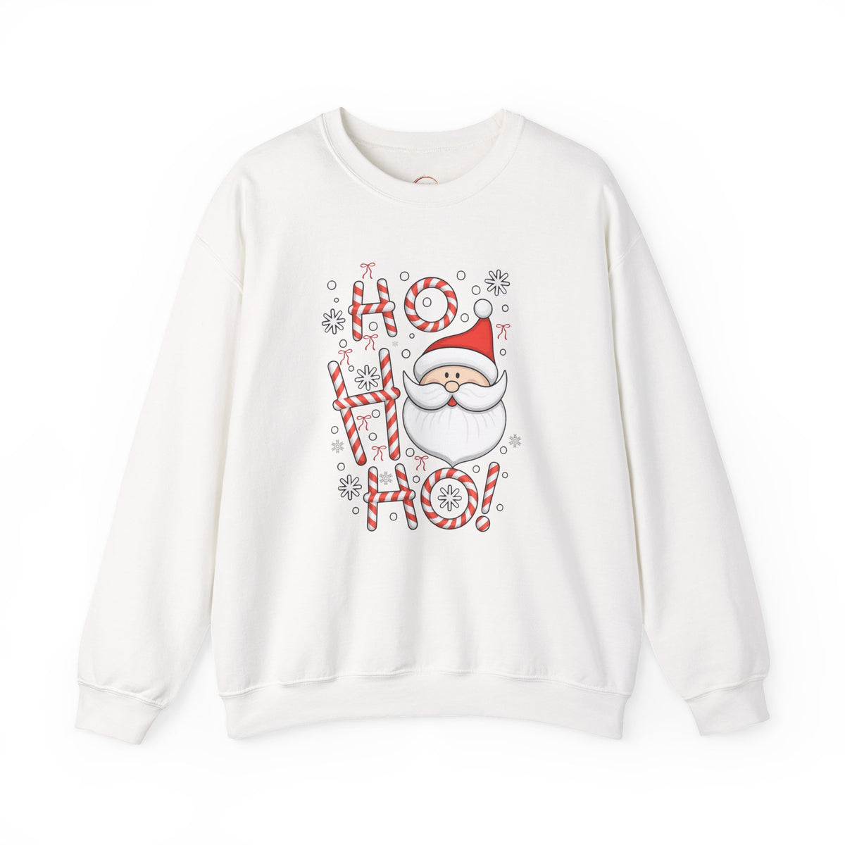 An off-white crewneck sweatshirt featuring a festive Christmas graphic with the words 'Ho Ho Ho' in red and white candy cane lettering, a cartoon Santa Claus face, and small snowflakes.
