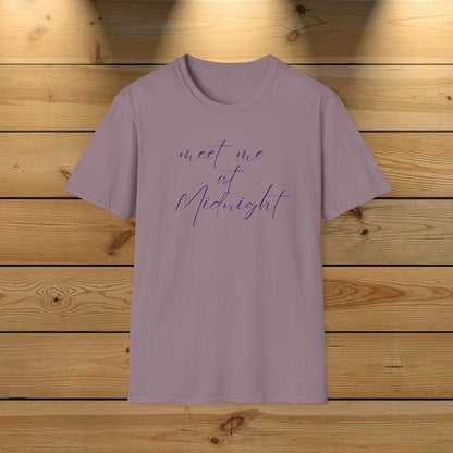 Midnight Rendezvous Unisex Softstyle T-Shirt, Midnight Meeting Tee, Moonlight Encounter Shirt, Late Night Date Top, Starry Sky Gift