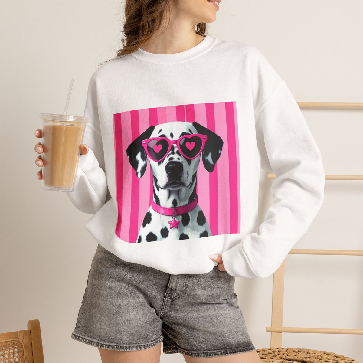 Dalmatian with Heart Sunglasses Sweatshirt — Cute Pink Pet Graphic Crewneck