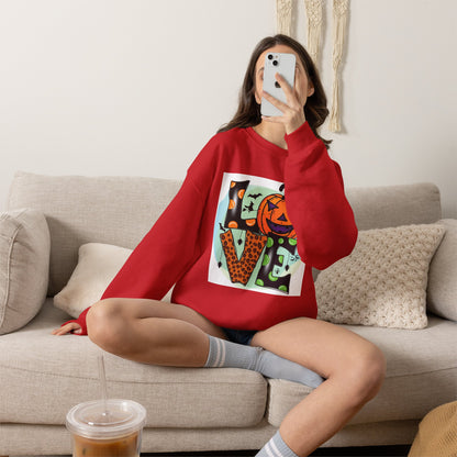 Halloween LOVE Crewneck Sweatshirt — Jack-O'-Lantern & Leopard Print Graphic