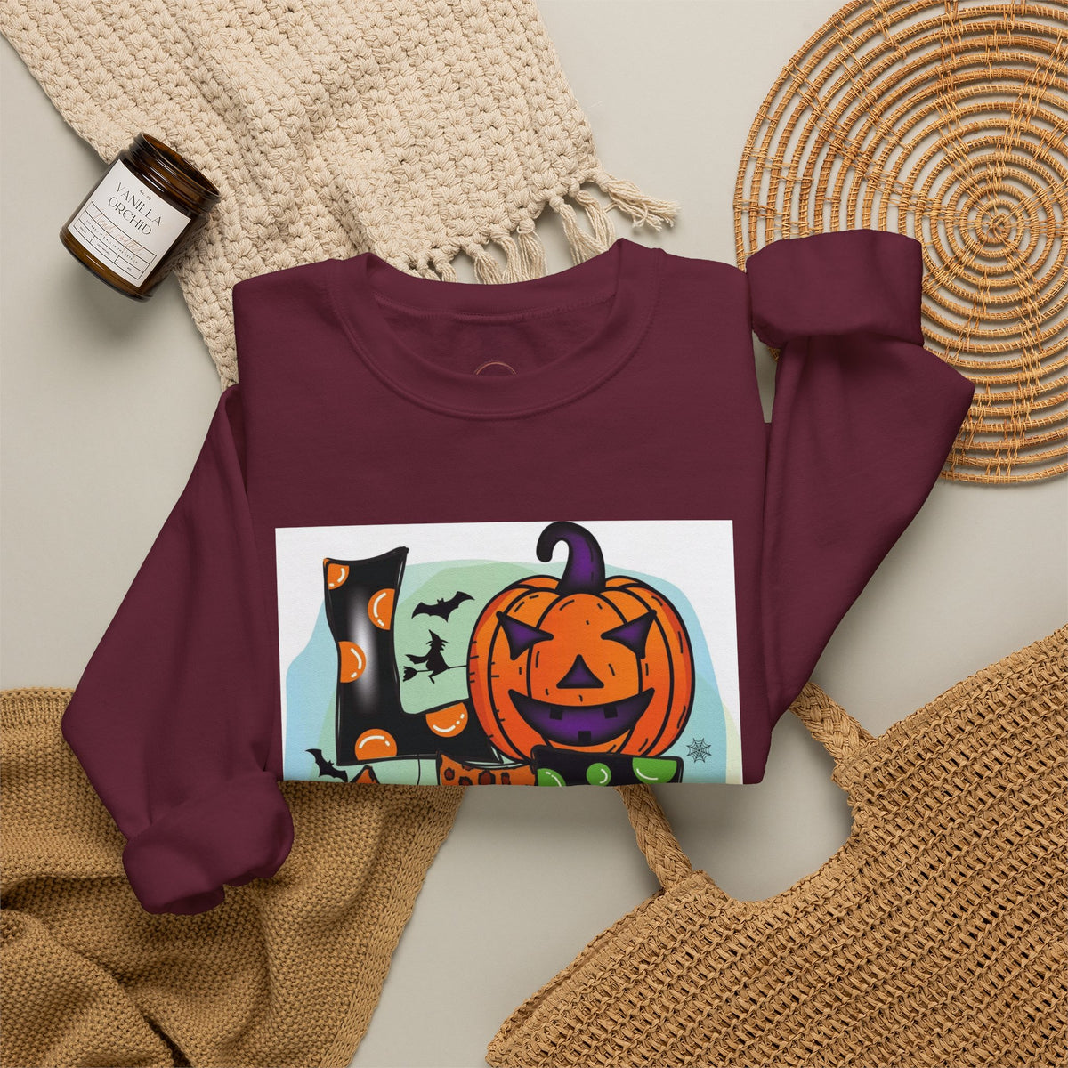 Halloween LOVE Crewneck Sweatshirt — Jack-O'-Lantern & Leopard Print Graphic