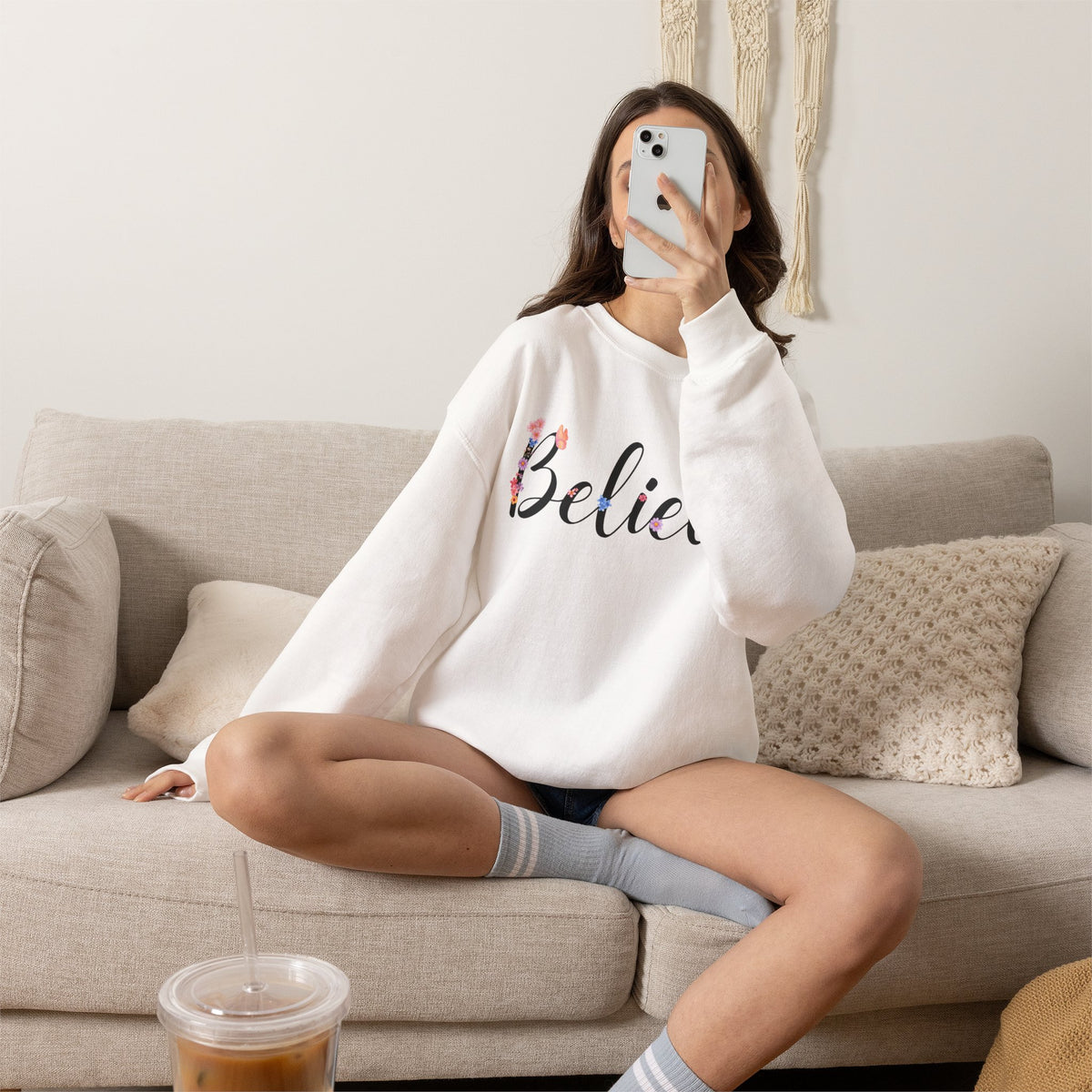Believe Floral Crewneck Sweatshirt — Inspirational White Pullover