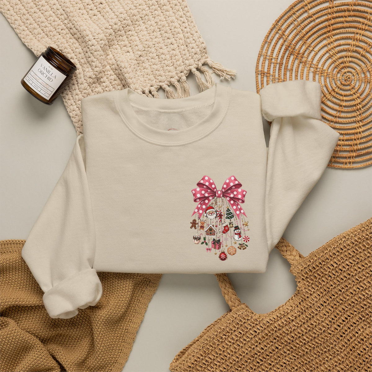 Crewneck Sweatshirt — Floral Heart Ornament with Pink Bow Holiday Design