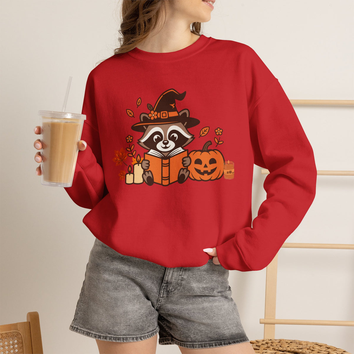 Halloween Raccoon Witch Sweatshirt – Cute Pumpkin & Spooky Book Crewneck
