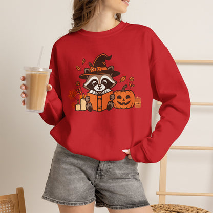 Halloween Raccoon Witch Sweatshirt – Cute Pumpkin & Spooky Book Crewneck