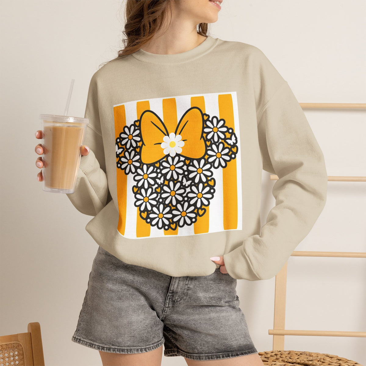 Floral Mouse Head Sweatshirt — Yellow Daisy Bow Crewneck