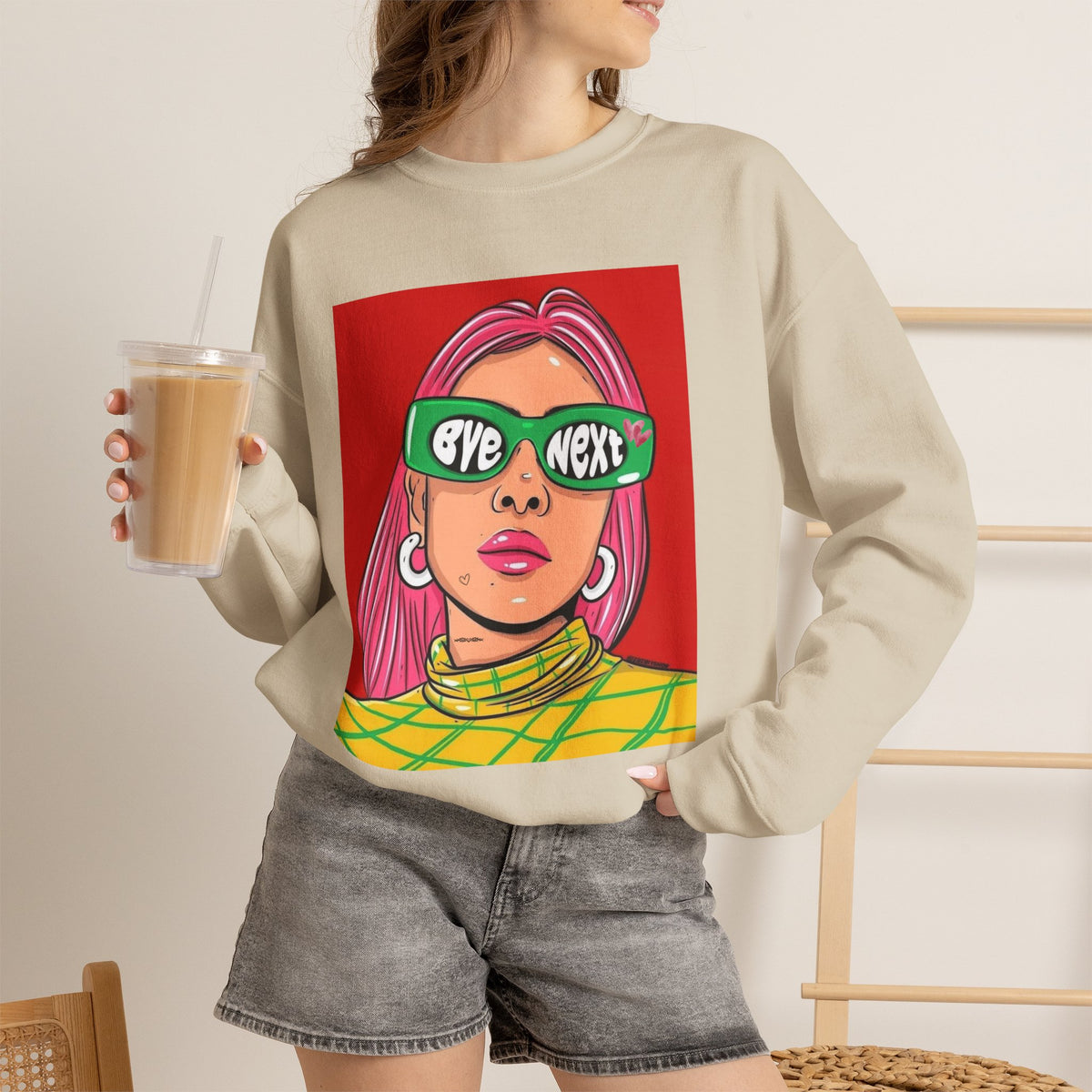 Graphic Sweatshirt — 'Bye Next' Retro Pop Art Girl Crewneck