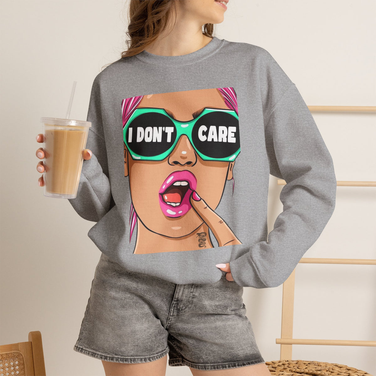 “I Don’t Care” Pop Art Crewneck Sweatshirt